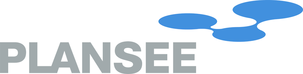 PLANSEE-Logo in Grau mit zwei blauen Ovalen über dem Text