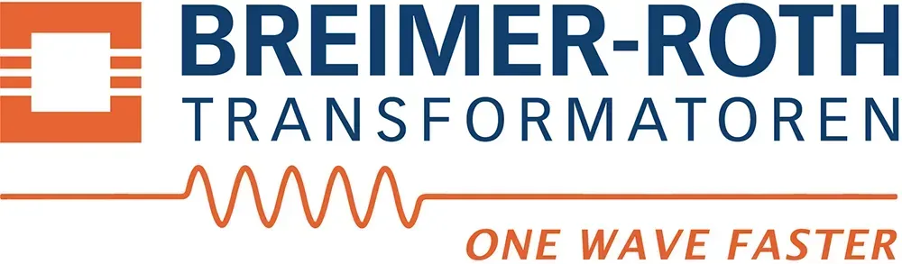 BREIMER-ROTH TRANSFORMATOREN Logo mit orangefarbener Wellenform und dem Slogan „ONE WAVE FASTER“
