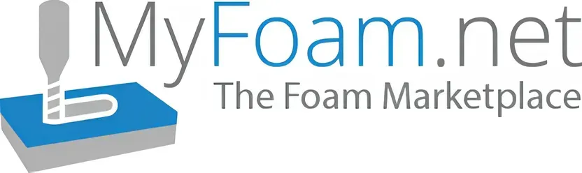 Das Logo von MyFoam.net zeigt ein blaues und graues Schaumstoffsymbol und den Slogan „Der Schaumstoffmarktplatz“.