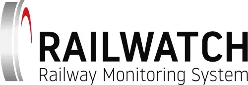 Railwatch-Logo mit roten und grauen Bögen und dem Text „RAILWATCH Eisenbahnüberwachungssystem“