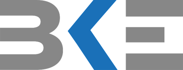 Stilisiertes Logo in Blau und Grau mit einem markanten „B“ und spiegelbildlichen Winkeln auf weißem Hintergrund