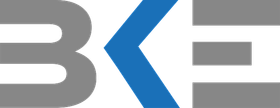 Stilisiertes Logo in Blau und Grau mit einem markanten „B“ und spiegelbildlichen Winkeln auf weißem Hintergrund