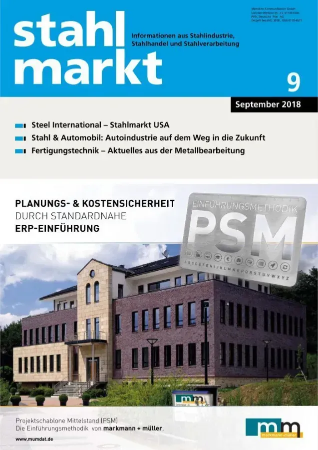 Titelbild des blauen deutschen Magazins „stahl markt“ mit einem Gebäudefoto und der Schlagzeile „PSM ERP-Implementierung“