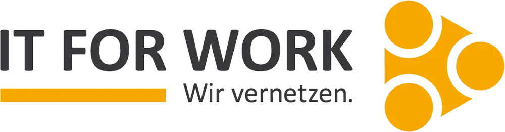IT FOR WORK-Logo mit orangefarbenem Symbol und dem Slogan „Wir vernetzen“.