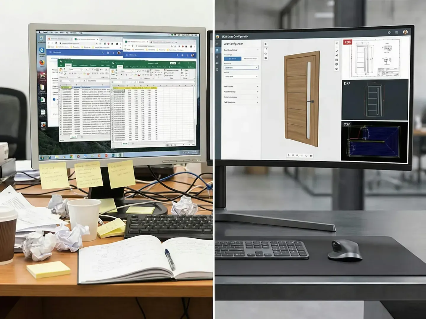 Bürotisch mit zwei Monitoren, auf denen Tabellenkalkulationen und Designsoftware angezeigt werden, Tastatur, Maus und offenem Notizbuch