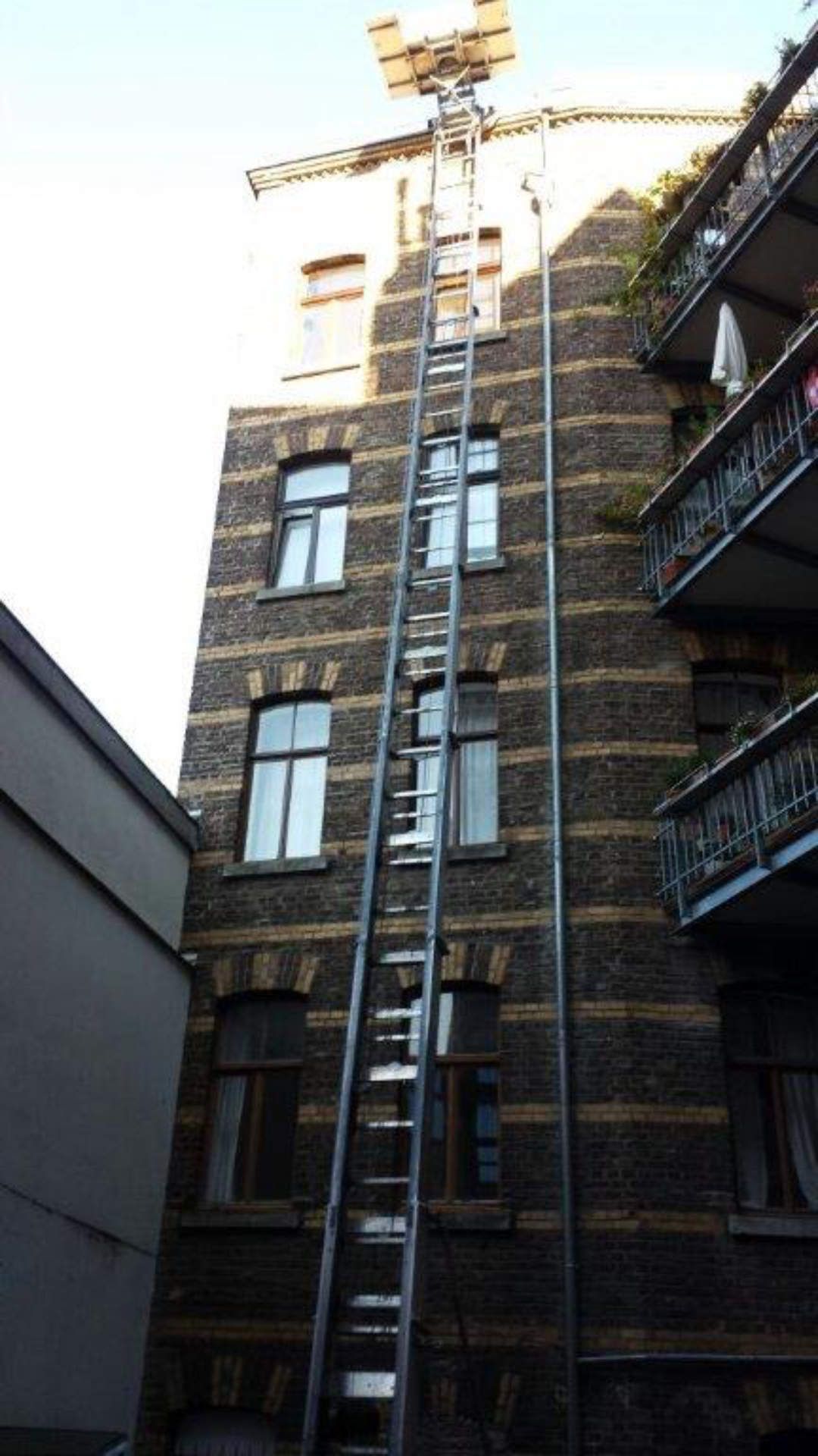 Eine Leiter führt auf das Dach eines Gebäudes