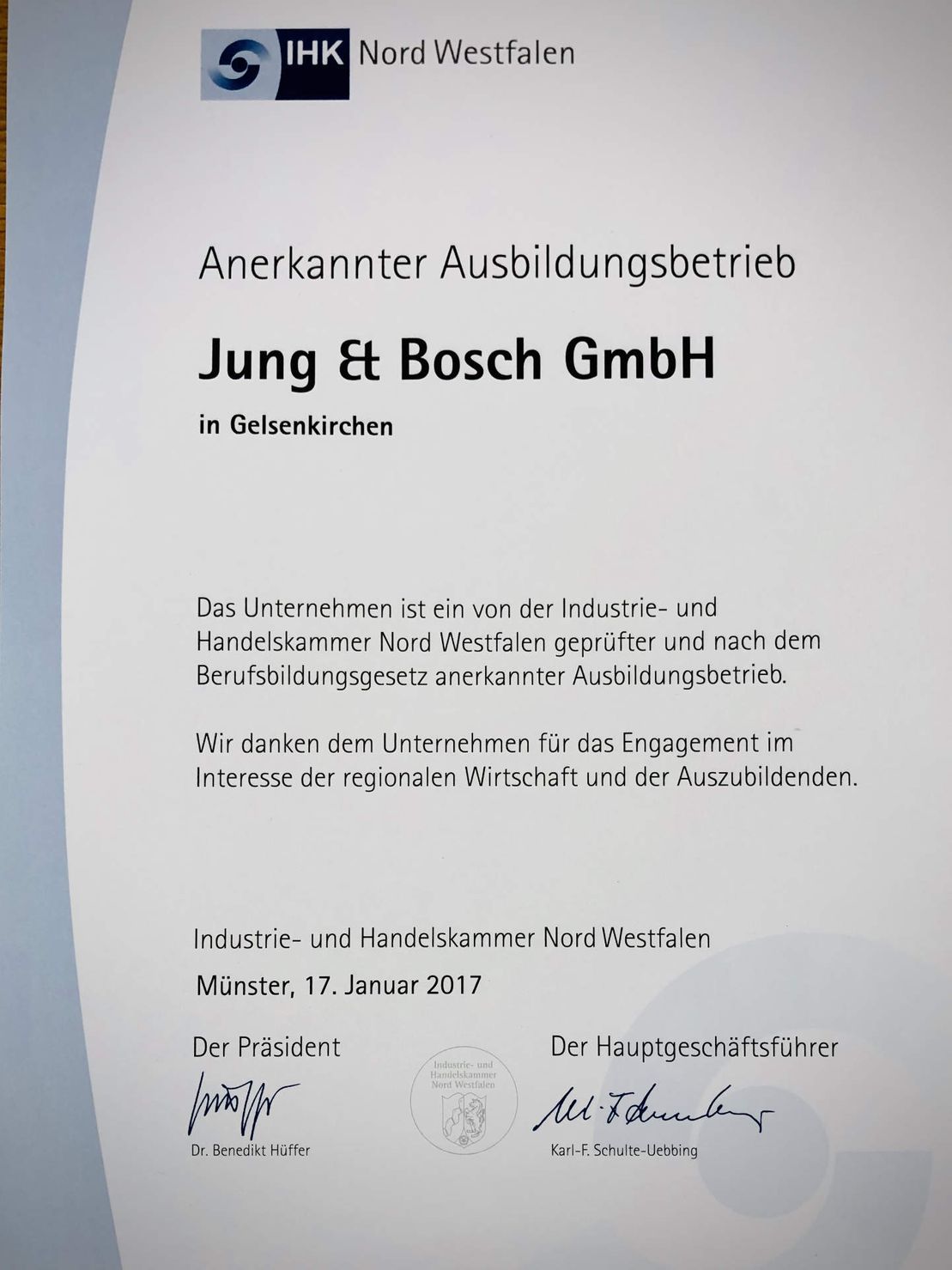 Jung & Bosch GmbH | Kerpen | Zertifikat Ausbildung