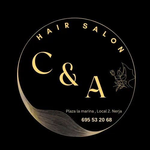 Logotipo de peluquer&iacute;a en negro y dorado con las letras "C&A". Incluye n&uacute;mero de tel&eacute;fono y direcci&oacute;n.