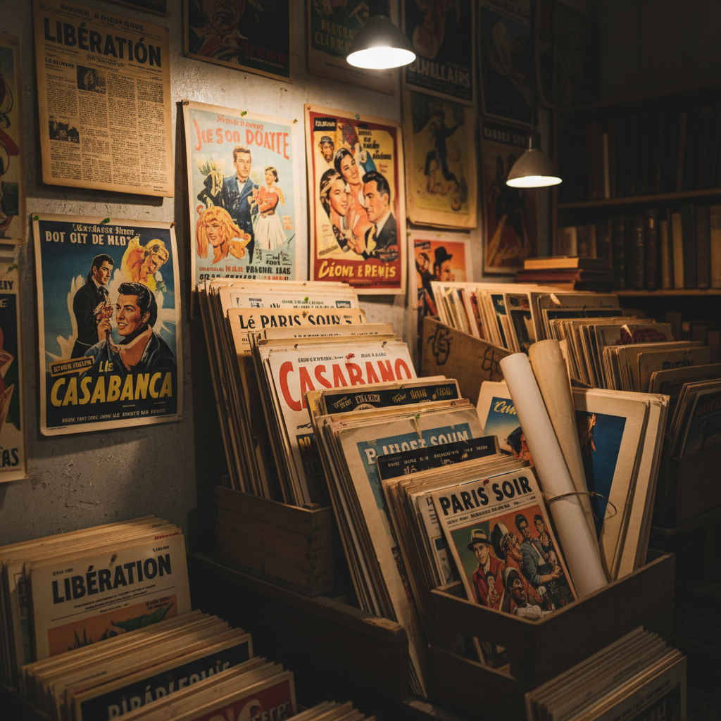 Boutique vintage avec des affiches de films et des piles de livres. Une lumière tamisée crée une atmosphère chaleureuse et nostalgique.