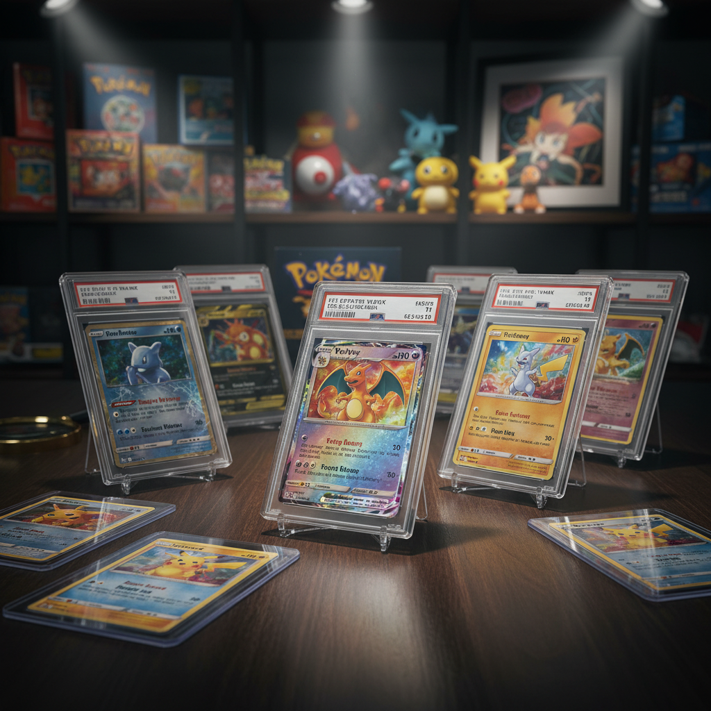Plusieurs cartes à collectionner Pokémon, dans des étuis gradués, sont exposées sur une surface en bois, avec des figurines et des illustrations Pokémon en arrière-plan.