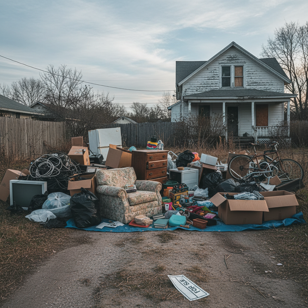 Un tas d'objets ménagers jetés, notamment des meubles, des sacs-poubelle et des appareils électroménagers, jonche le sol devant une maison délabrée par temps nuageux.