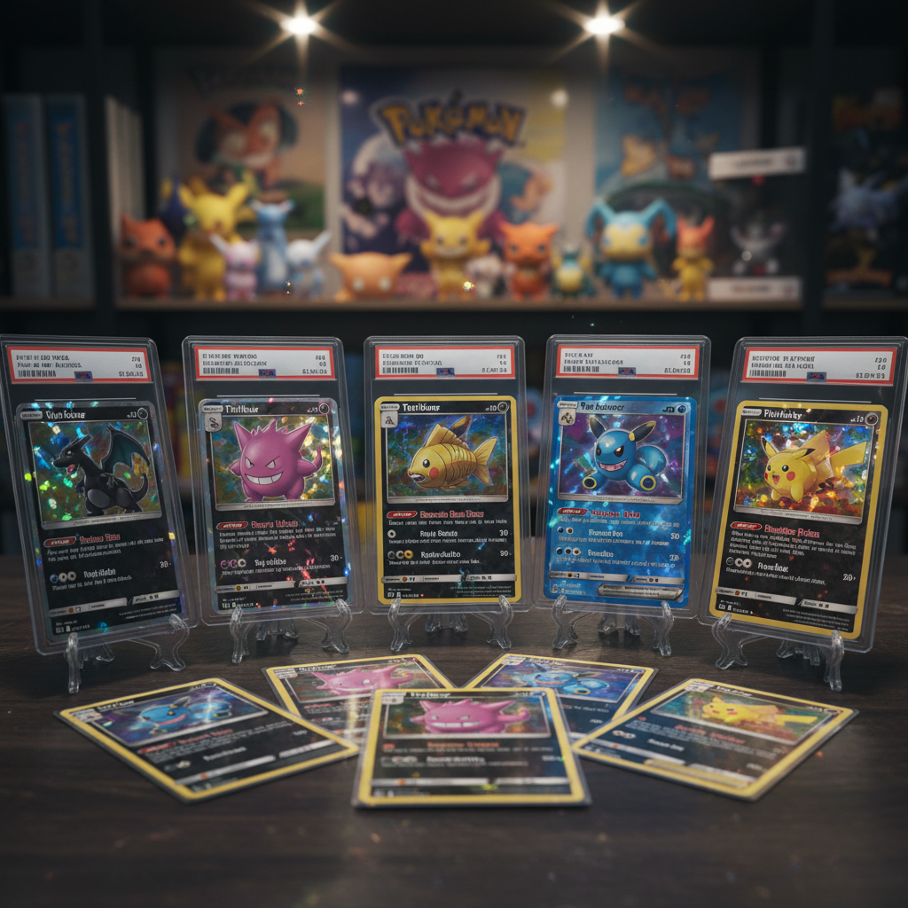 Des cartes Pokémon dans des étuis de protection, certaines posées face visible devant elles, avec une étagère à figurines en arrière-plan.
