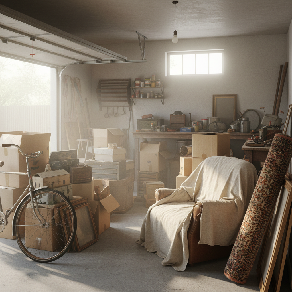 Garage encombré de cartons, d'un vieux vélo et d'un fauteuil recouvert d'un drap. La lumière du soleil inonde la pièce.