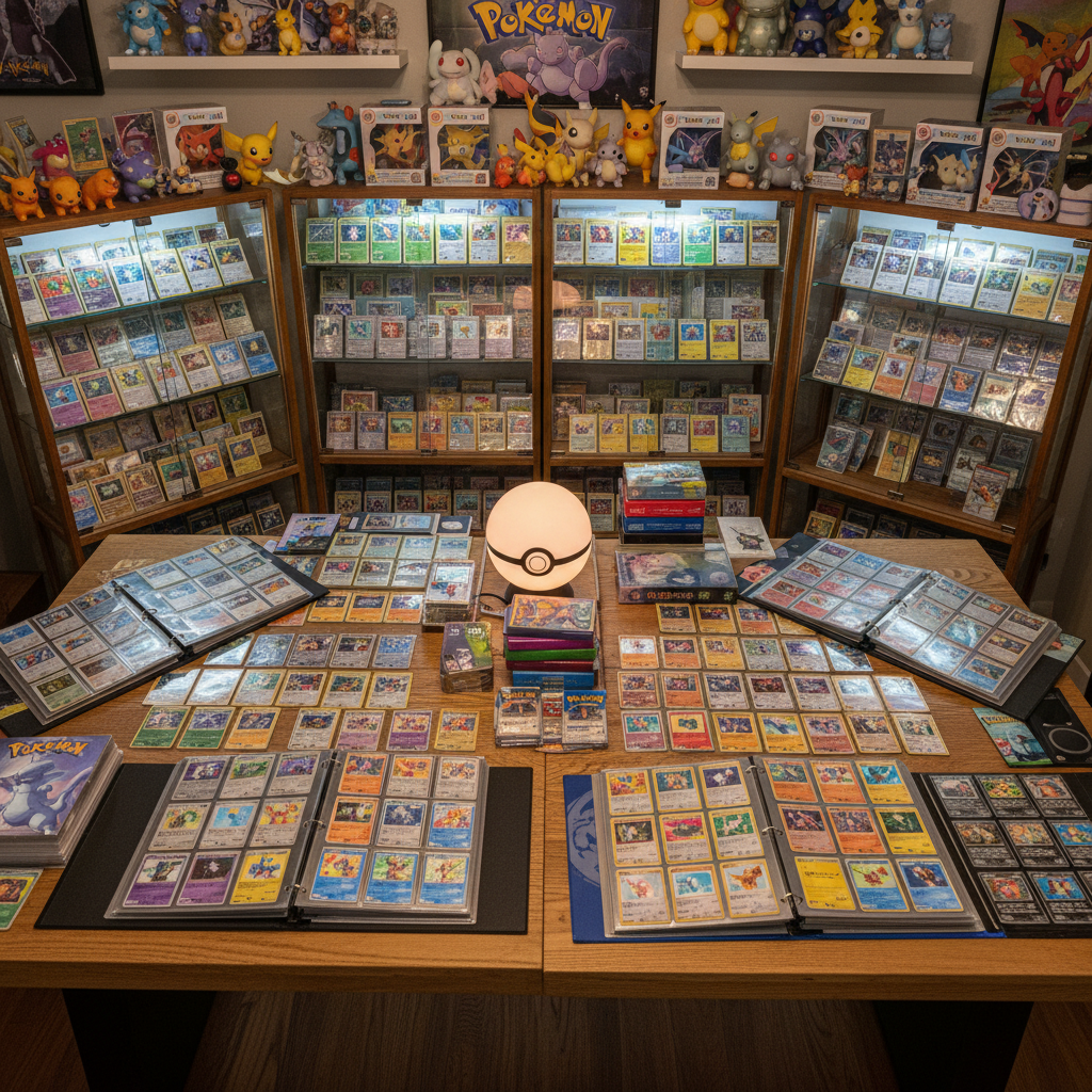 Une pièce remplie de cartes et de figurines Pokémon, exposées dans des vitrines et des classeurs. La lumière centrale est une Poké Ball.