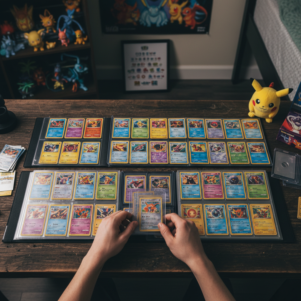 Une personne range des cartes Pokémon dans un classeur sur une table en bois. D'autres cartes, une peluche Pikachu et des figurines se trouvent à proximité.