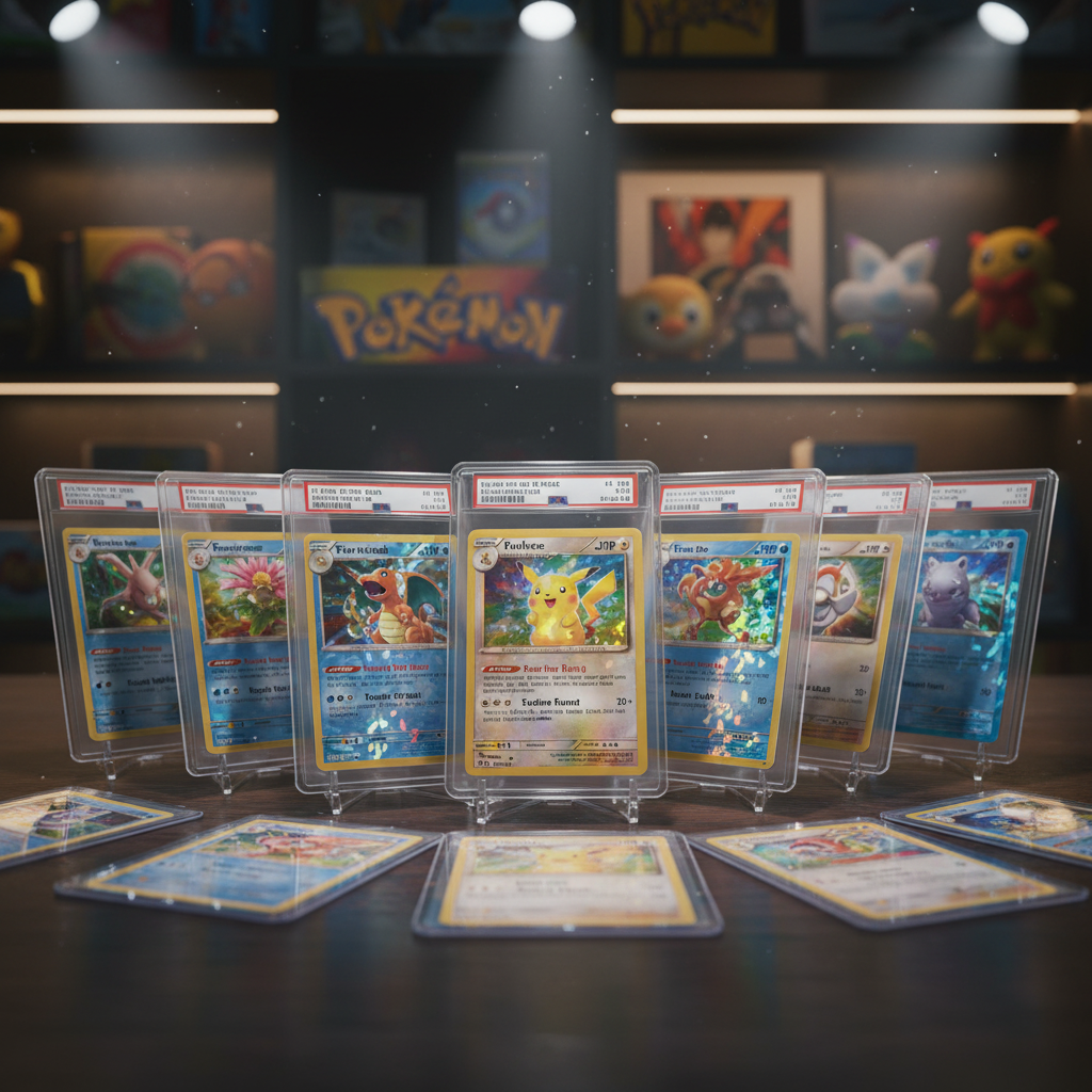 Des cartes à collectionner Pokémon dans des étuis de protection, posées sur une table, avec le logo Pokémon et divers jouets en arrière-plan.