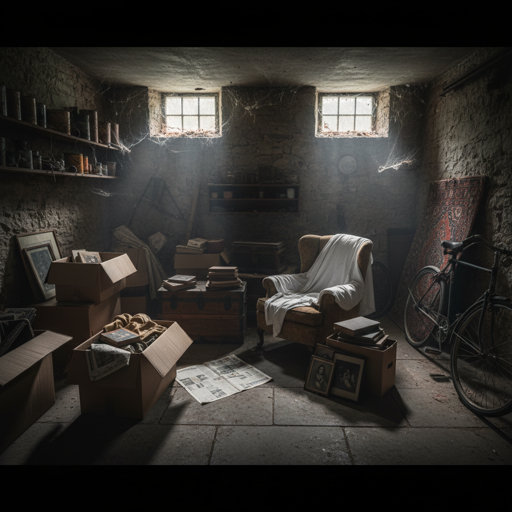 Sous-sol sombre et encombré : des cartons, une chaise, des livres, un vélo, et la lumière du soleil qui filtre à travers deux petites fenêtres.