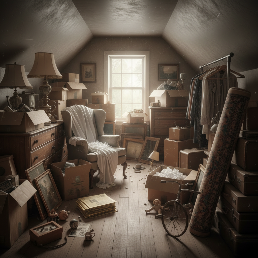 Grenier encombré de cartons, de meubles et de vêtements. Une fenêtre laisse entrer la lumière du soleil.