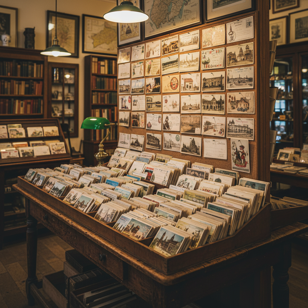 Boutique d'antiquités avec une table d'exposition de cartes postales anciennes et des cartes et gravures encadrées au mur.