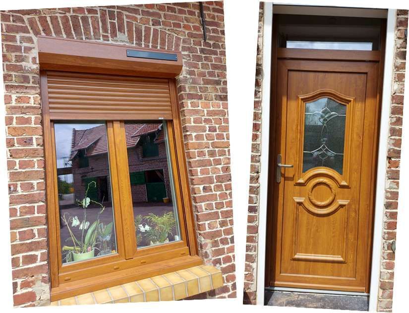 Porte et fenêtre avec volet roulant en chêne doré