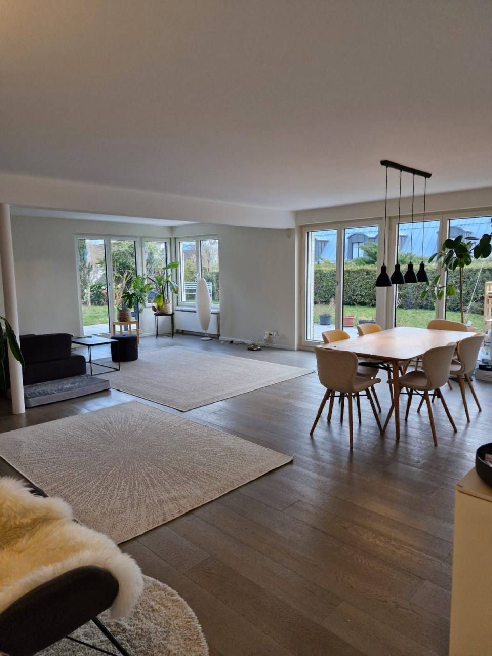 Helles Wohnzimmer mit Teppichen, Esstisch und grossen Fenstern mit Blick auf einen Garten.