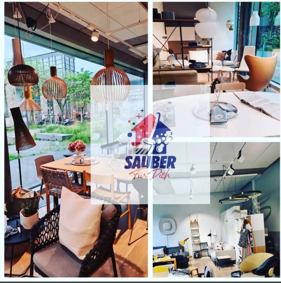 Schaufensterdekoration für ein Einrichtungsgeschäft mit verschiedenen Lampen, Möbeln und Deko-Objekten. Das Sauber-Logo ist mittig über den Bildern platziert.
