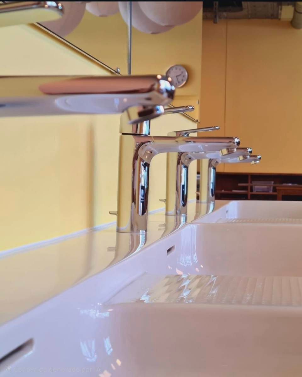 Eine Reihe verchromter Wasserhähne über einem weissen Waschbecken vor einer gelben Wand.