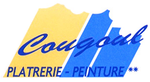 Accueil Logo pour Cougoul, entreprise de plâtrerie et de peinture. Fond jaune et bleu avec le nom en bleu.