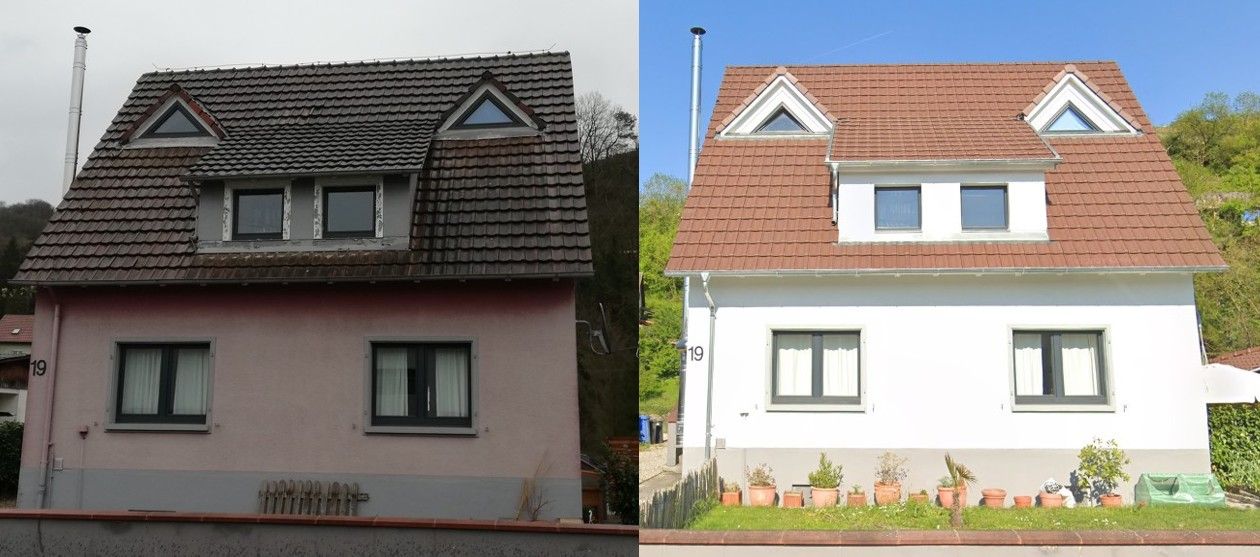 Ein Vorher-Nachher-Bild eines Hauses mit rotem Dach.