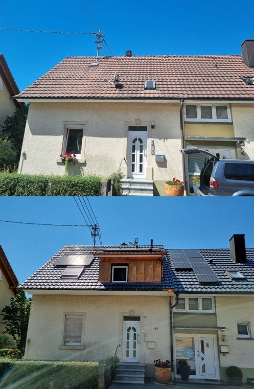Ein Vorher-Nachher-Bild eines Hauses mit Ziegeldach