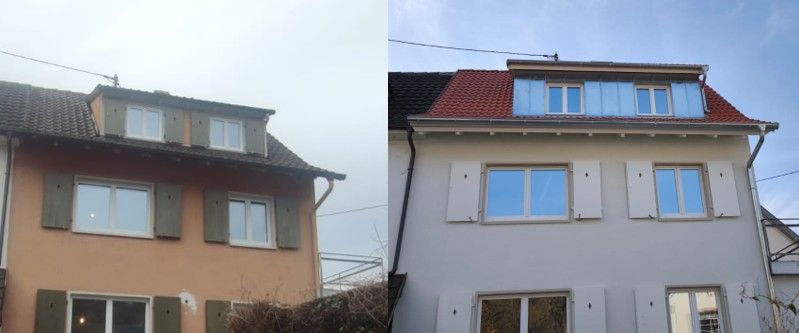 Ein Vorher-Nachher-Bild eines Hauses mit Fensterläden und einem roten Dach.