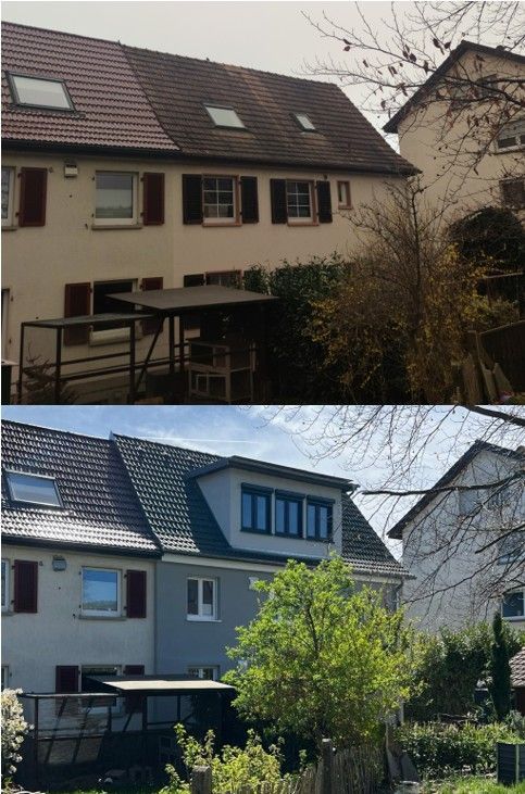 Ein Vorher-Nachher-Foto eines Hauses
