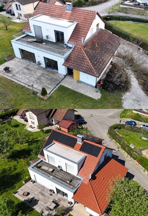 Ein Vorher-Nachher-Bild eines Hauses mit Solarmodulen auf dem Dach.