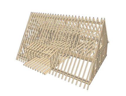 Ein 3D-Modell einer Holzkonstruktion auf weißem Hintergrund.