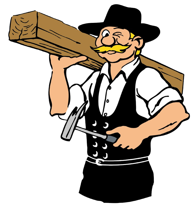 Eine Karikatur eines Zimmermanns, der einen Holzbalken und einen Hammer hält.