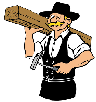 Eine Karikatur eines Zimmermanns, der einen Holzbalken und einen Hammer hält.