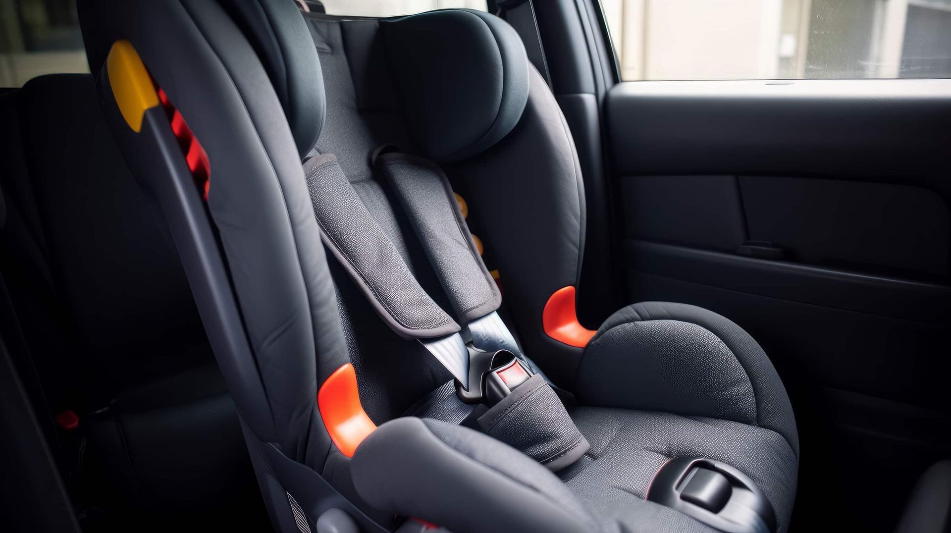Silla de coche para niños de color negro, con detalles en rojo y amarillo, lista para usar.