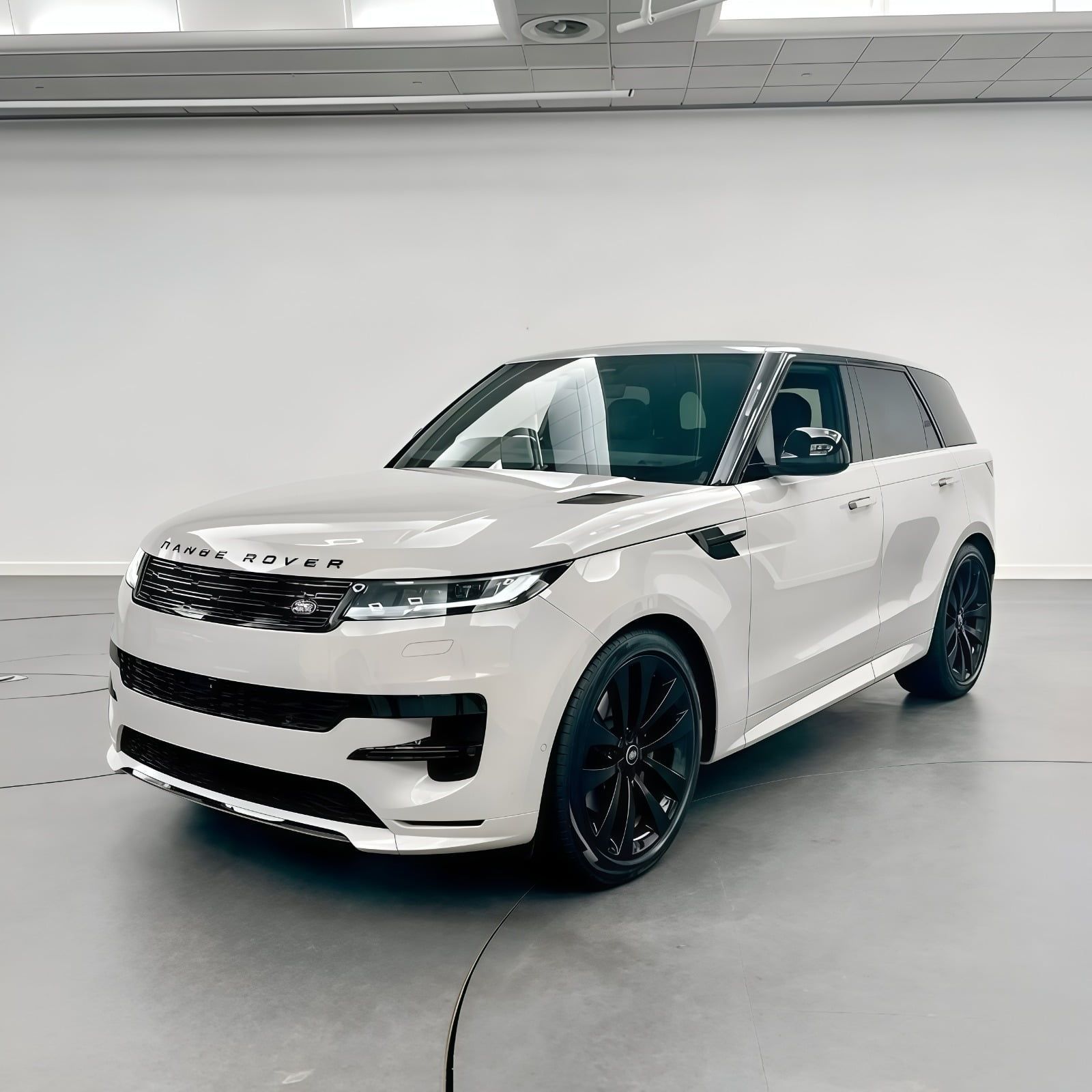 SUV Range Rover Sport blanco con ruedas negras estacionado en una sala de exposición.
