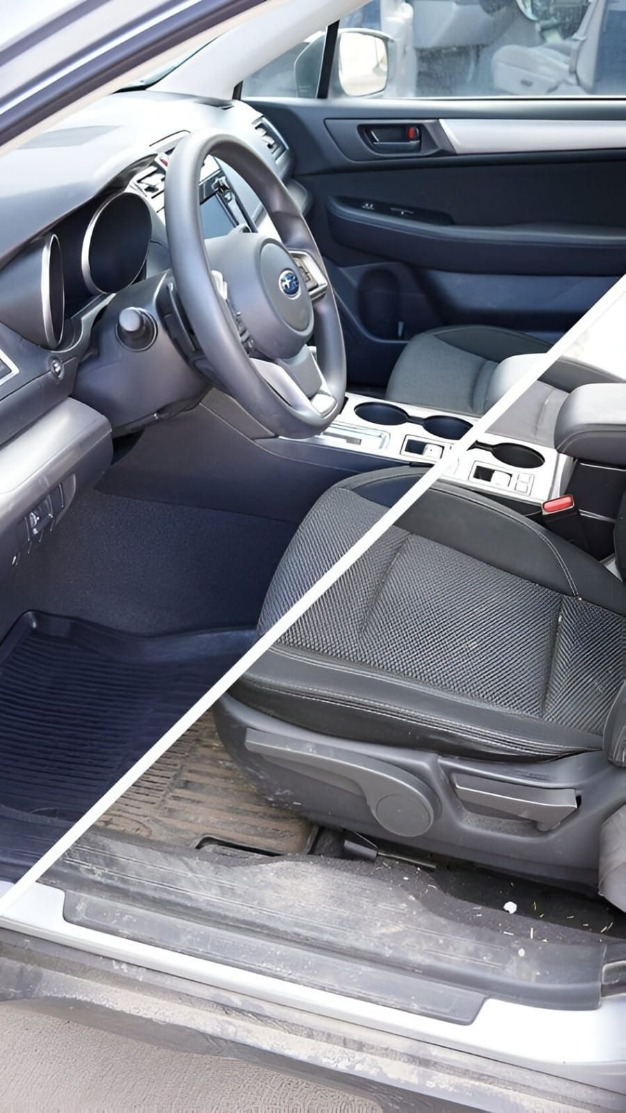 Interior de un Subaru: volante, asientos y tablero visibles. Combinación de colores negro y gris.