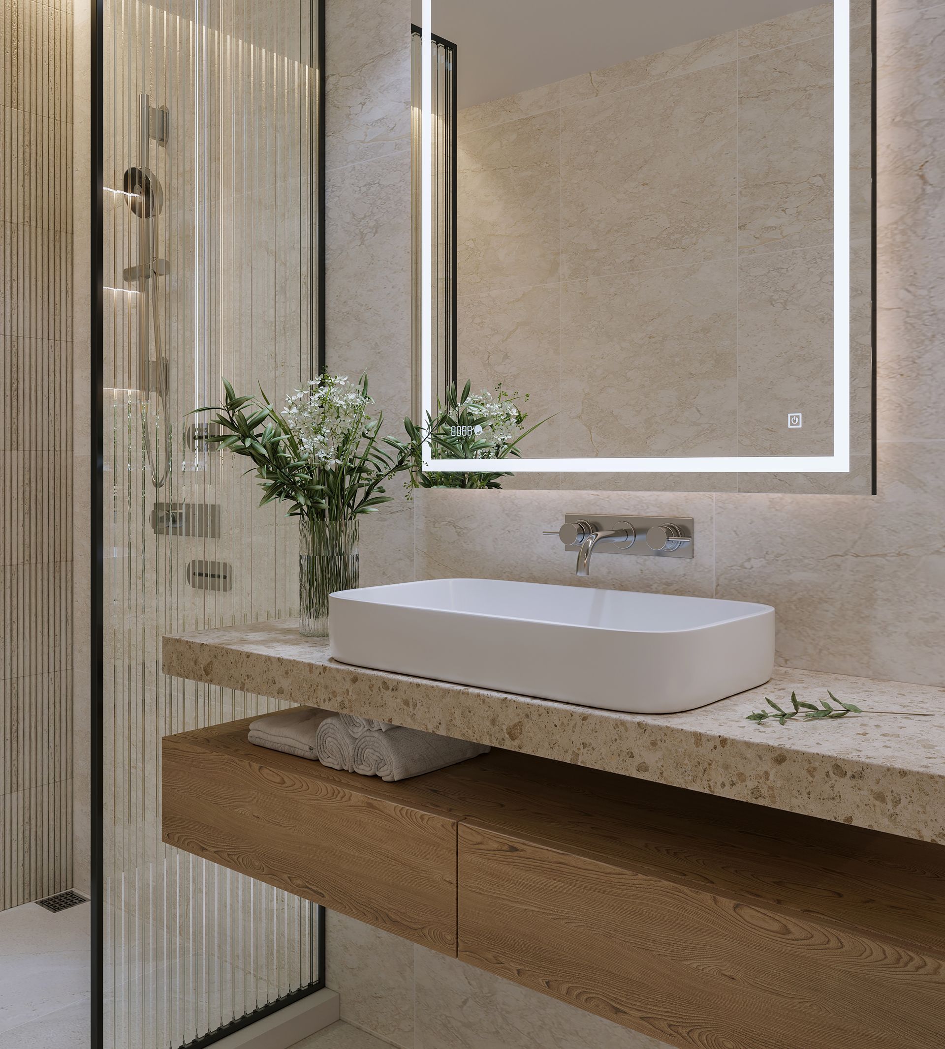 Salle de bains moderne avec un lavabo rectangulaire blanc, un miroir éclairé et une étagère en bois.