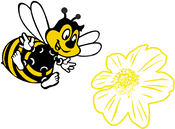 Eine gezeichnete Biene, die auf eine gelbe Blume zufliegt