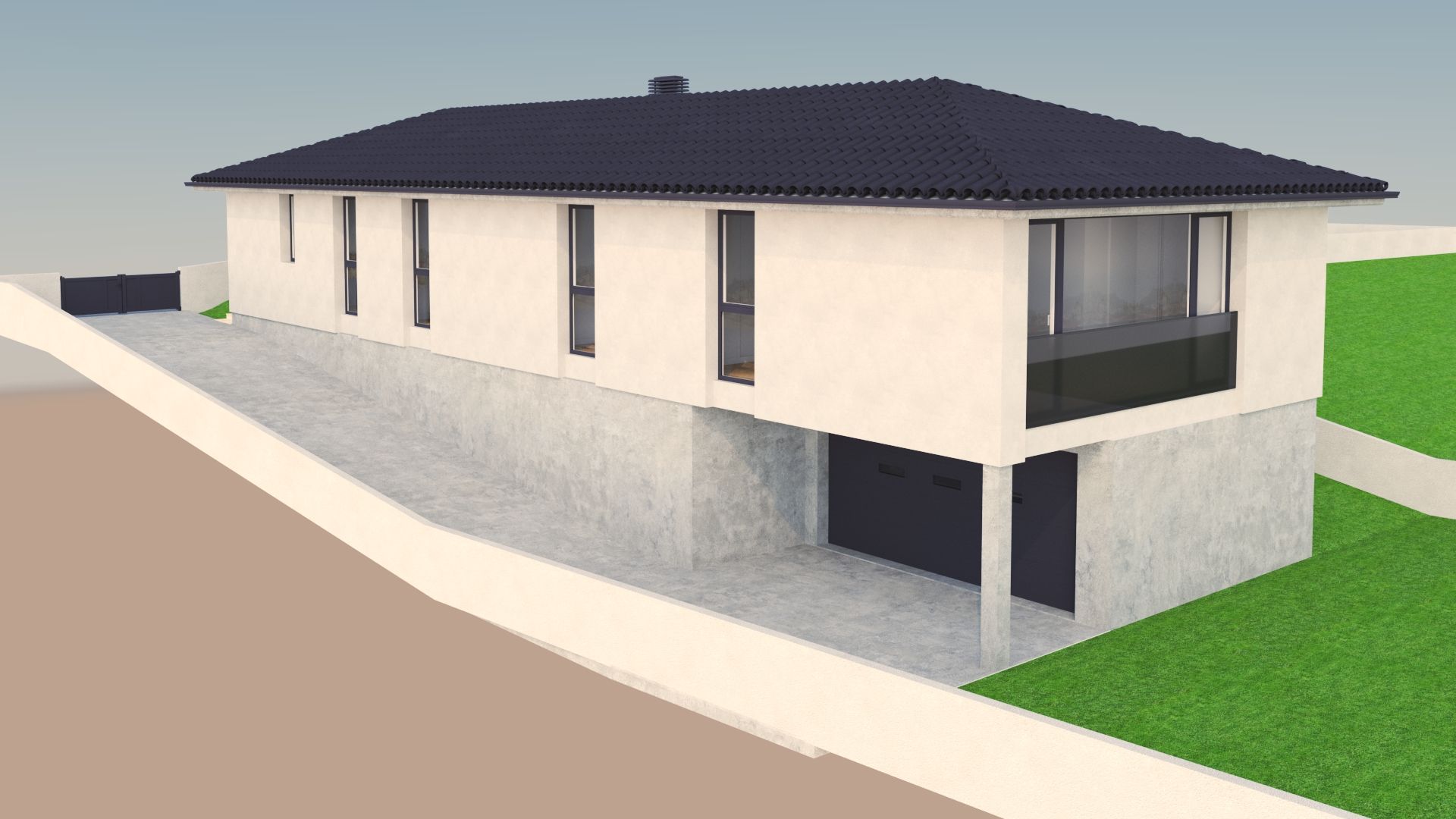 Casa moderna de color blanco y techo oscuro, construida en pendiente, con garaje, ventanas y césped verde.