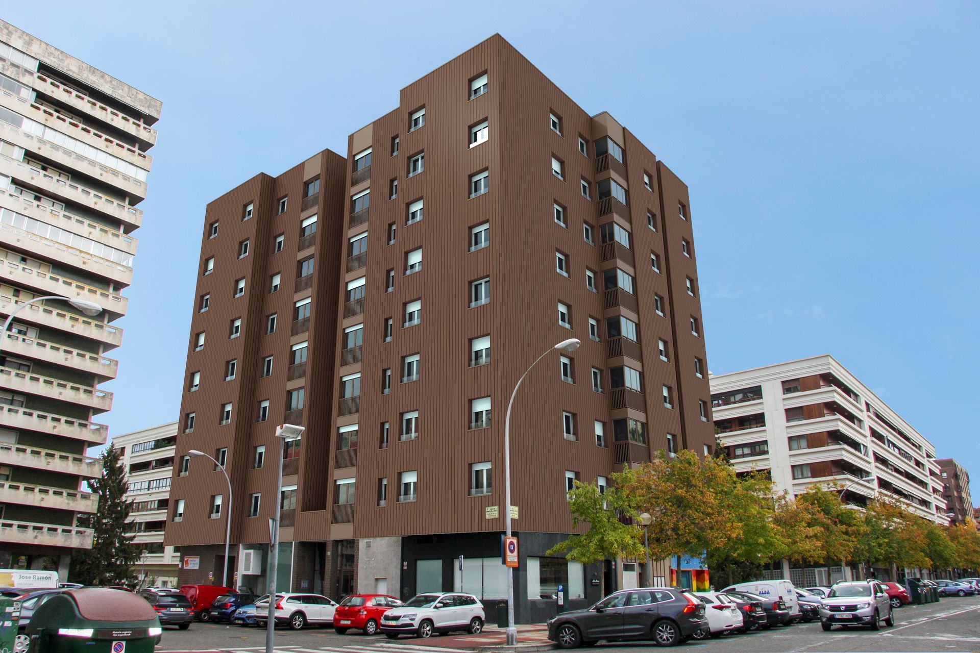 Edificio de apartamentos de varios pisos de color marrón