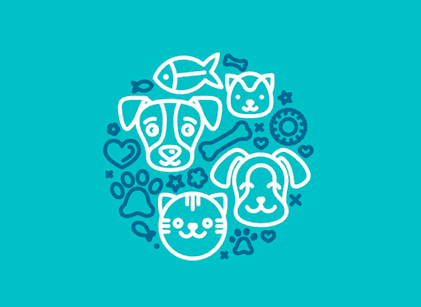 Ilustraciones de contorno blanco de mascotas e íconos relacionados con mascotas dispuestos en un círculo sobre un fondo verde azulado.
