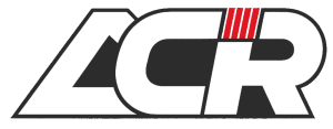 Logotipo de ACR en negro, blanco y rojo con letras estilizadas