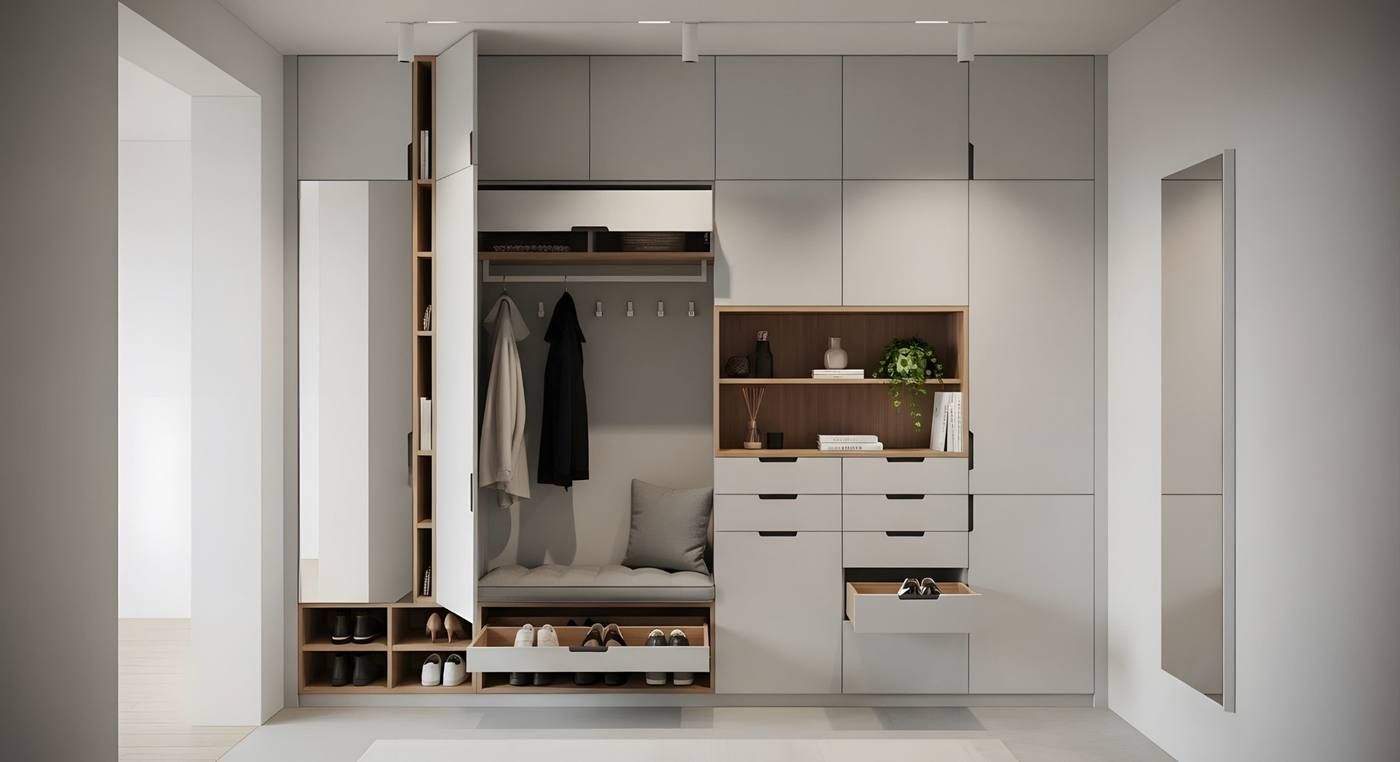 Armario moderno minimalista blanco con perchero, estantes, cajones y una pequeña zona de escritorio.
