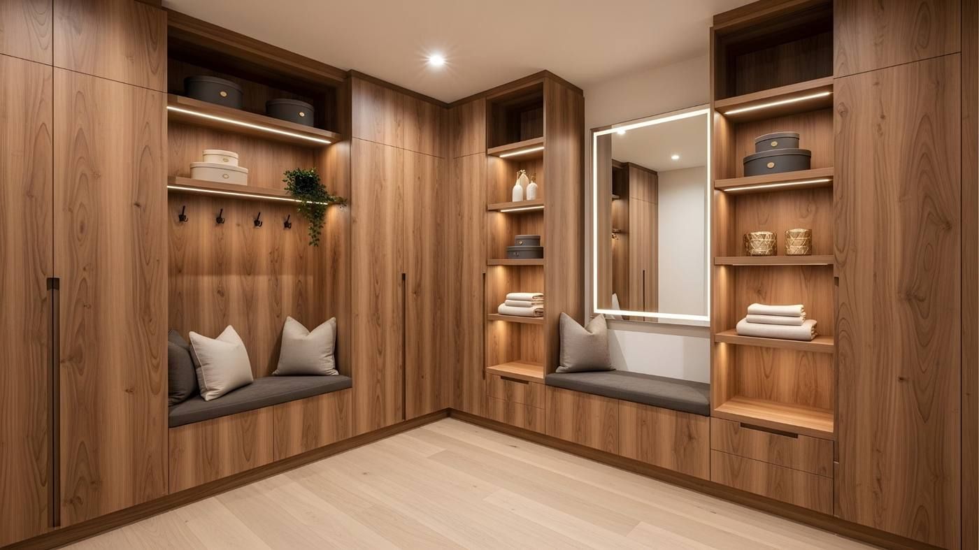 Vestidor con paneles de madera, estantes empotrados, banco, espejo e iluminación empotrada.