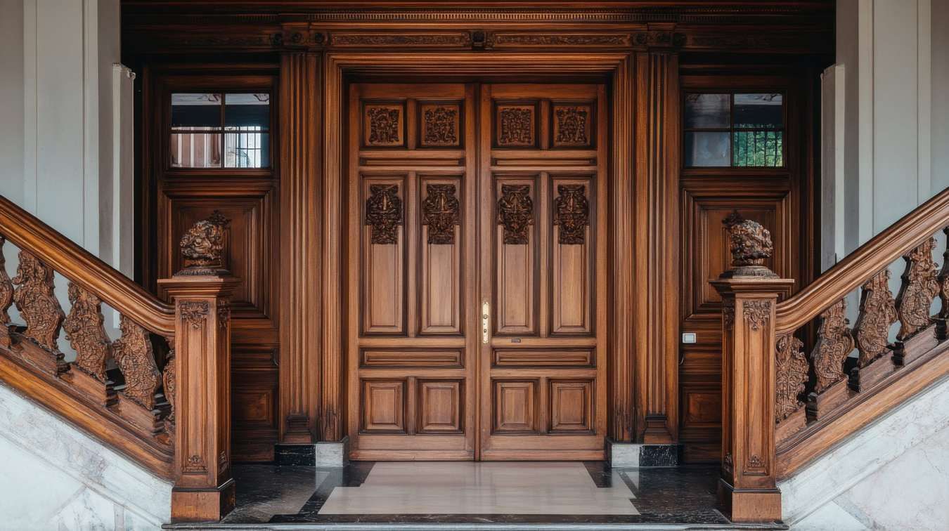 Puertas dobles de madera ornamentadas en la parte superior de una escalera con barandillas talladas.