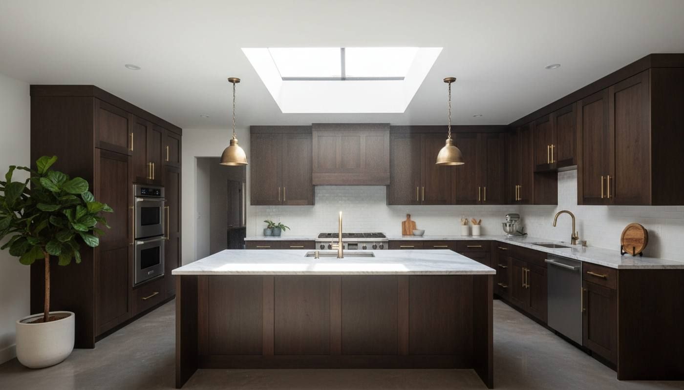 Cocina moderna con gabinetes de madera oscura, isla blanca, lámparas colgantes y techo con tragaluz.
