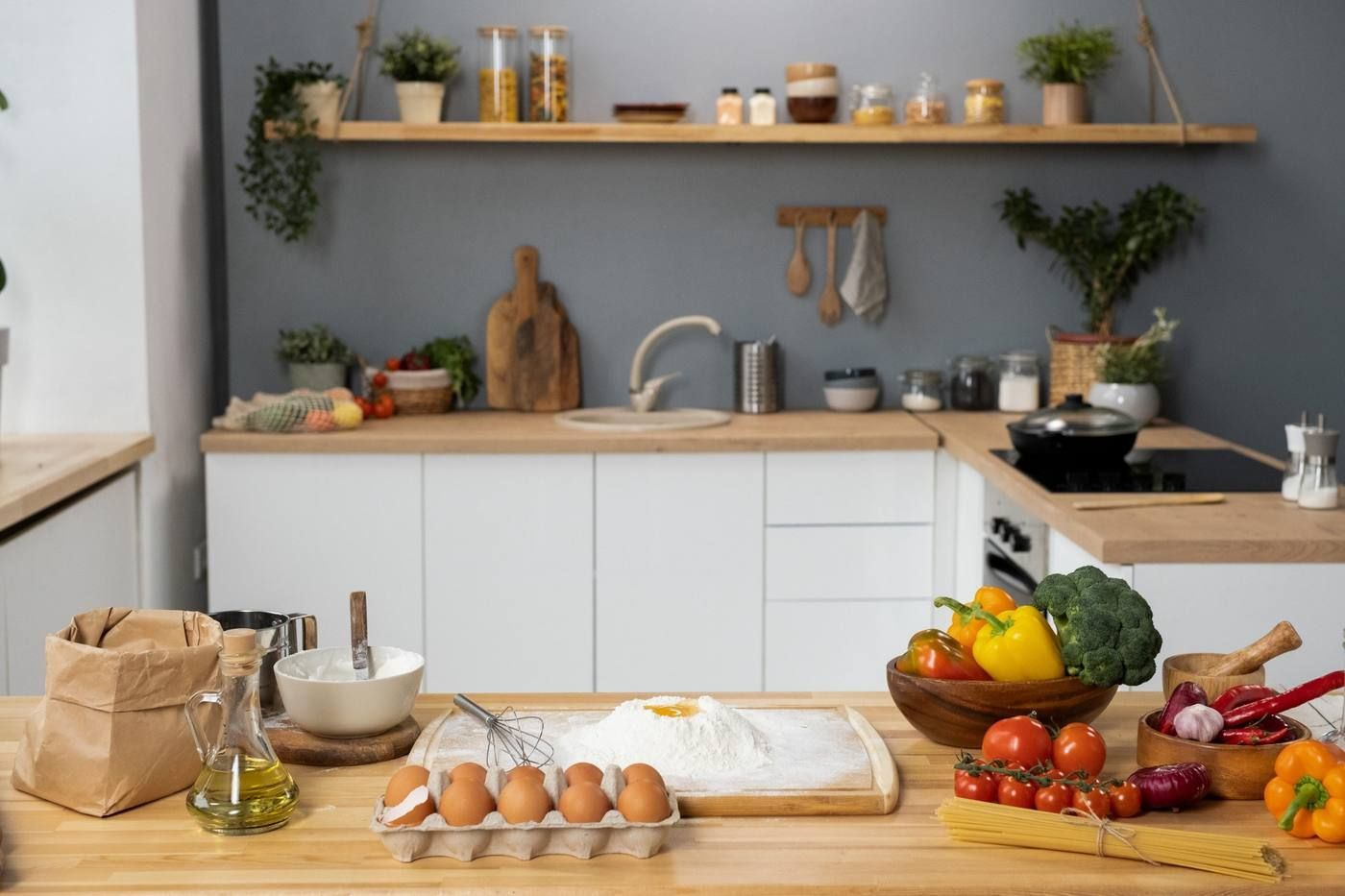 Encimera de cocina moderna con pan, huevos, fruta e ingredientes para cocinar ordenados cuidadosamente.
